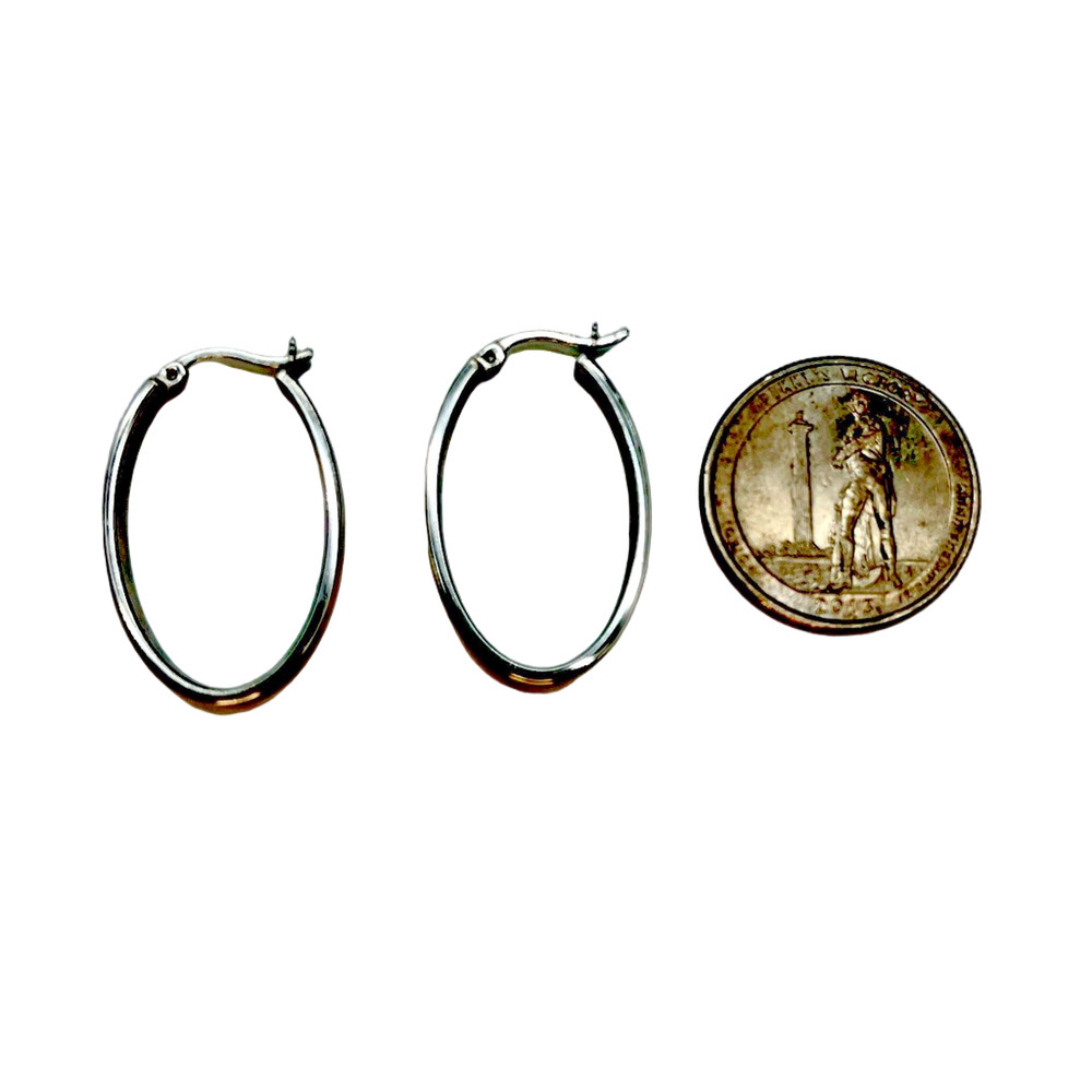 Silver Hoop Earrings Hinged Teardrop Sterling Silver 925 RCI 1 1/4” x 3/4”